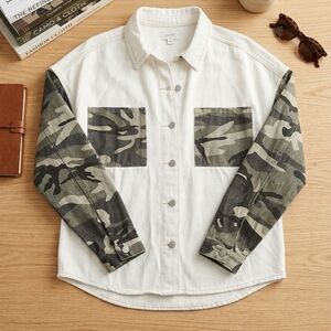 Camo Sleeve Button-Front Shirt Jacket - Cream & Olive Camo